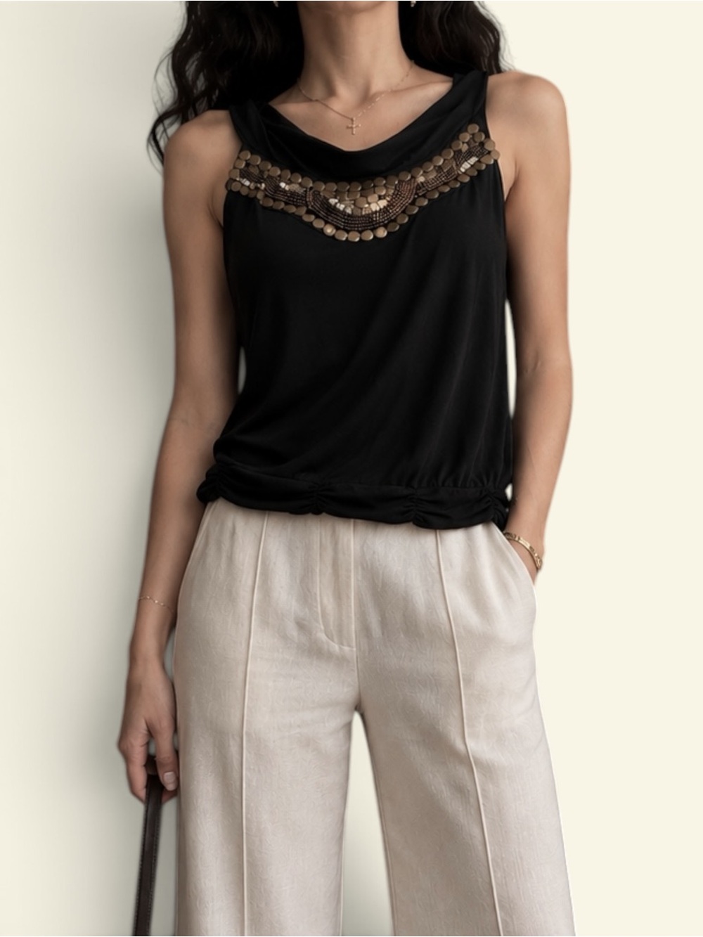 Vintage Y2K Worthington Black Halter Top Gold Beaded Sequin Bubble Hem Party M